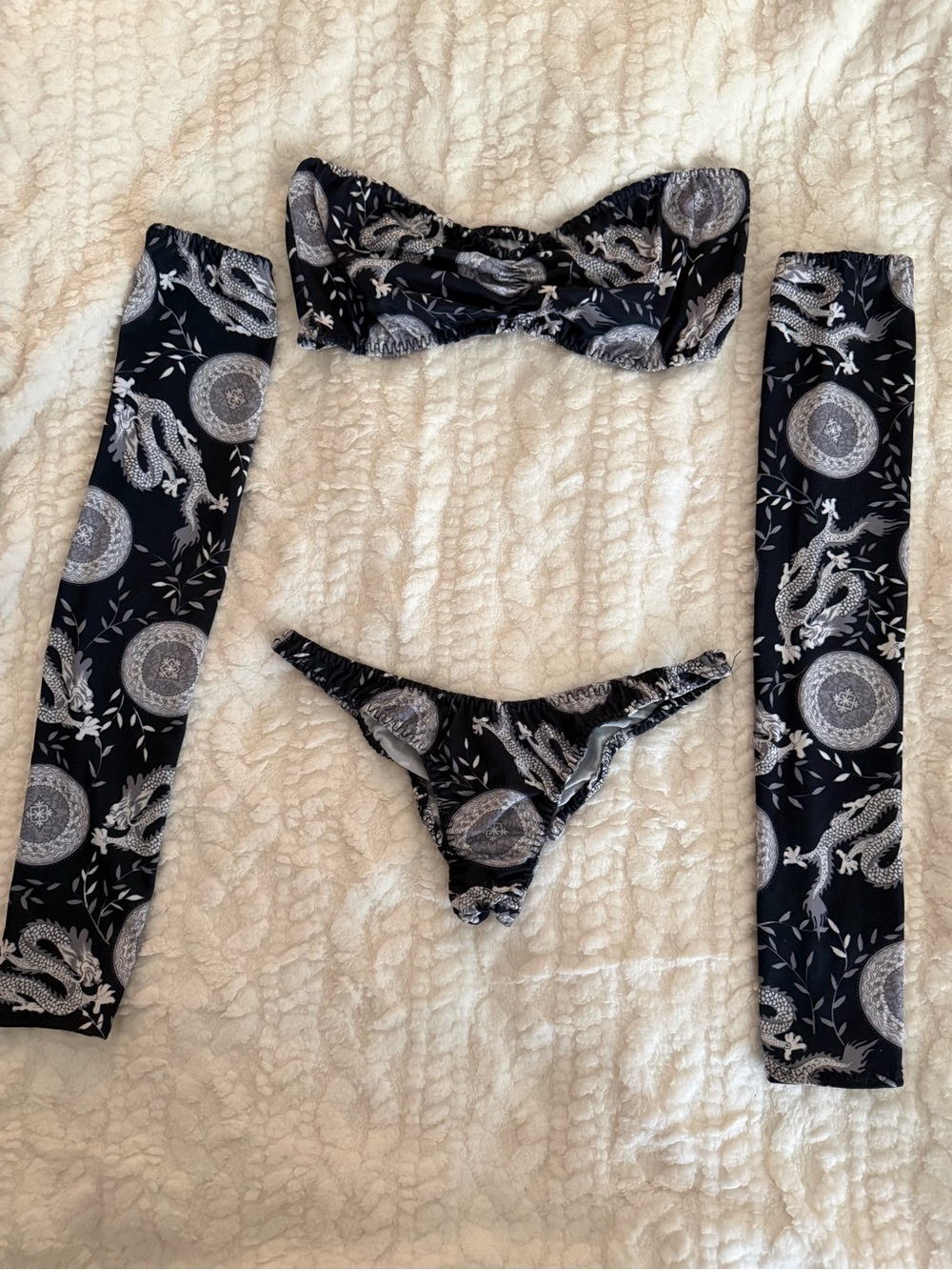 Black Dragon Print Bandeau Bikini Set with Arm Covers